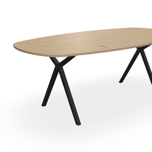 Eettafel Eiken Fineer Noesten Naturel - Ovaal Deens - Scissor Onderstel Mat Zwart - {{ product.type }} - Kas20