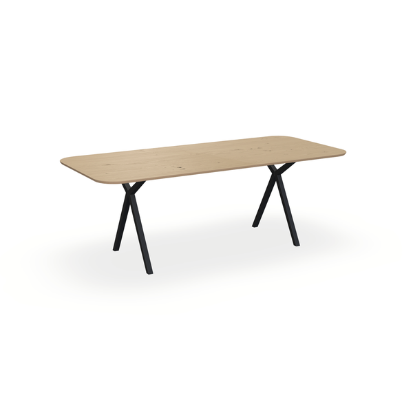 Eettafel Eiken Fineer Noesten Naturel - Recht Radius - Scissor Onderstel Mat Zwart - {{ product.type }} - Kas20