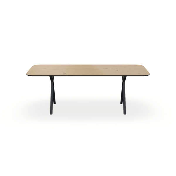Eettafel Eiken Fineer Noesten Naturel - Recht Radius - Scissor Onderstel Mat Zwart - {{ product.type }} - Kas20