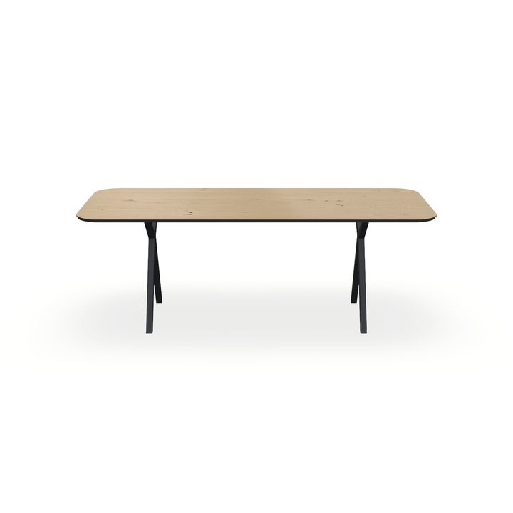Eettafel Eiken Fineer Noesten Naturel - Recht Radius - Scissor Onderstel Mat Zwart - {{ product.type }} - Kas20
