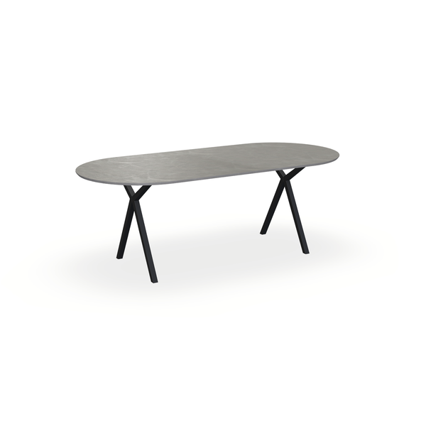 Eettafel Beton Concrete Grey - Ovaal Plat - Scissor Onderstel Mat Zwart - {{ product.type }} - Kas20