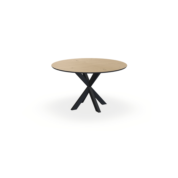 Eettafel Eiken Fineer Noesten Naturel - Rond - Kruispoot Dun Onderstel Mat Zwart - {{ product.type }} - Kas20
