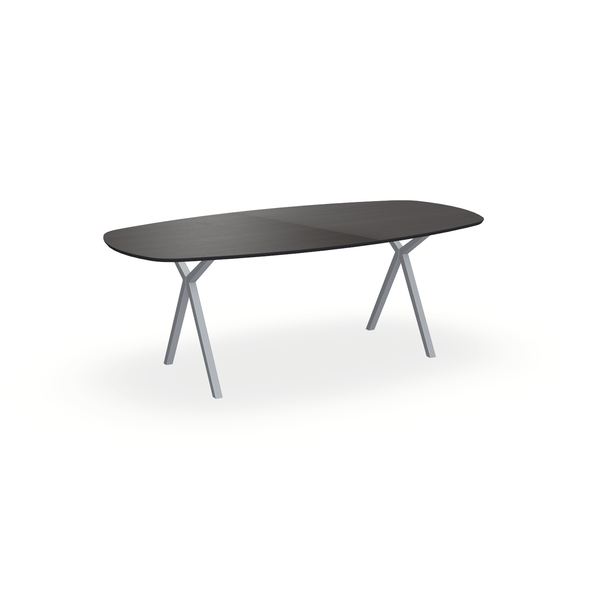 Eettafel Eiken Fineer Black Smoke In - Ovaal Deens - Scissor Onderstel Mat Zilver - {{ product.type }} - Kas20