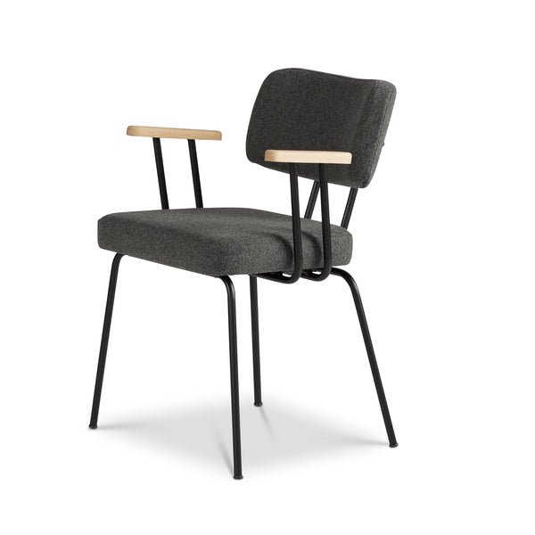 Ted Eetkamerstoel + arm - New Wool Antracite - Zwart Onderstel - Armleuning Hout - {{ product.type }} - Kas20