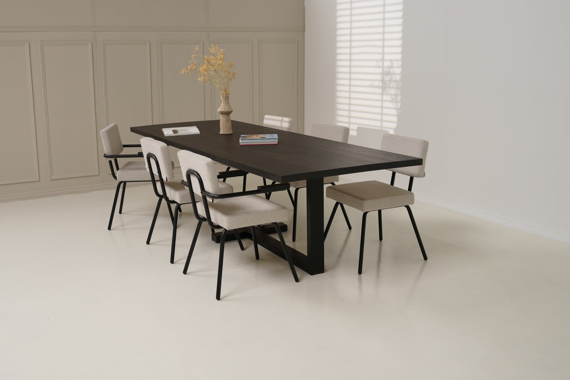 Recht Eiken eettafel - Black Wash - 4 cm massief - Halve plus poot