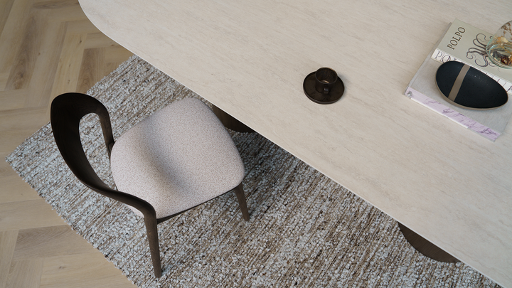 Ovale Melamine Eettafel Travertino – Columbus Onderstel Walnut Brown met stoel