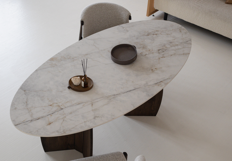 Keramiek eettafel cuarzo reno glans - Ovaal - Maan walnut brown 2x - {{ product.type }} - Kas20