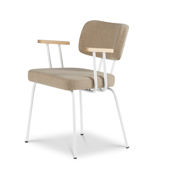 Ted Eetkamerstoel + arm - New Wool Stone - Wit Onderstel - Armleuning Hout - {{ product.type }} - Kas20