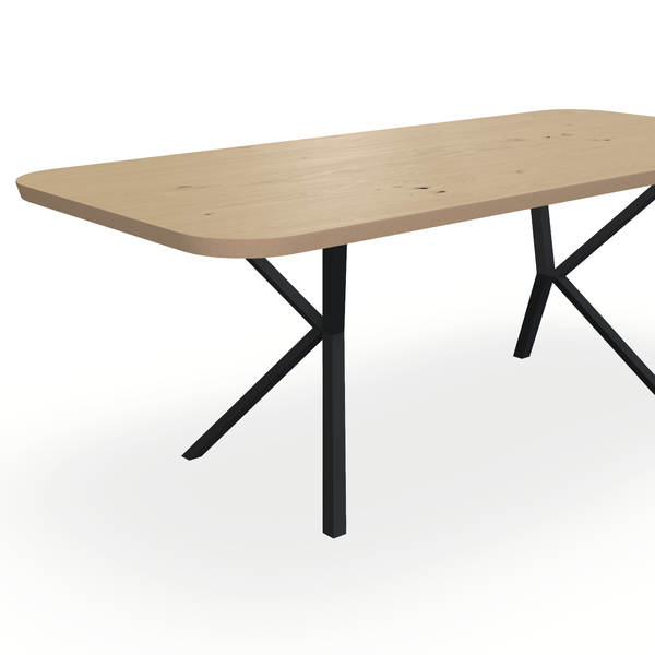 Eettafel Eiken Fineer Noesten Naturel - Recht Radius - Vv Poot Onderstel Mat Zwart - {{ product.type }} - Kas20