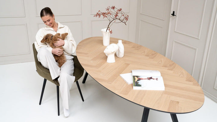 Eiken visgraat naturel eettafel ovaal - I poot - {{ product.type }} - Kas20
