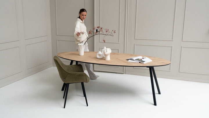 Eiken visgraat naturel eettafel ovaal - I poot - {{ product.type }} - Kas20