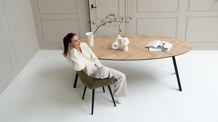 Eiken visgraat naturel eettafel ovaal - I poot - {{ product.type }} - Kas20
