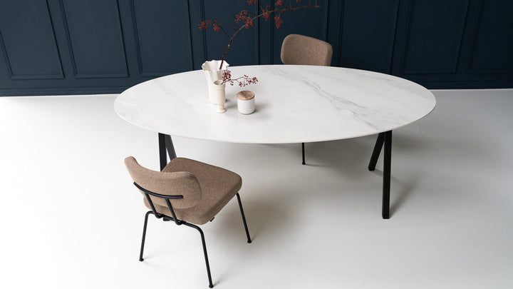 Marmer eettafel ovaal - Calacatta Pullido - Scissor poot - {{ product.type }} - Kas20