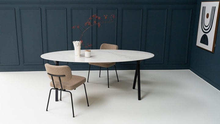Marmer eettafel ovaal - Calacatta Pullido - Scissor poot - {{ product.type }} - Kas20