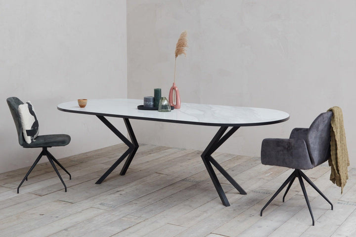 Marmeren eettafel Plat Ovaal - Calacatta pullido Keramiek 2,5cm blad met Zwarte rand - VV poot - {{ product.type }} - Kas20