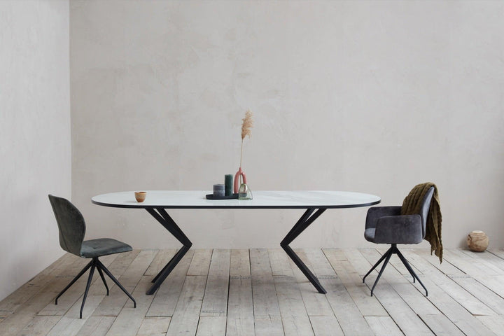 Marmeren eettafel Plat Ovaal - Calacatta pullido Keramiek 2,5cm blad met Zwarte rand - VV poot - {{ product.type }} - Kas20